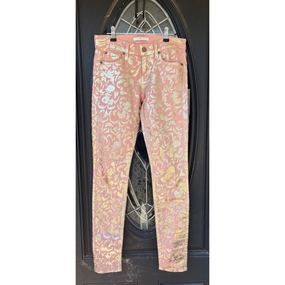 7 For All Mankind Pink Gold Metallic Foil Skinny Jeans AU015007AB Womens 26 NWT